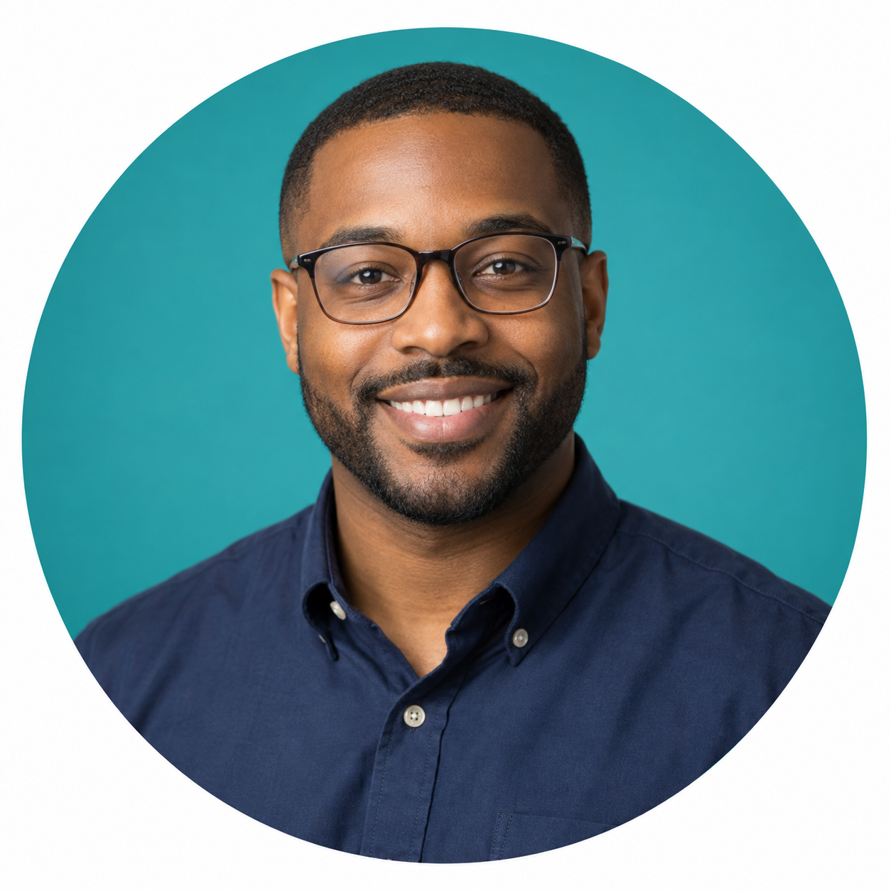 Illustrative sales expert portrait with teal circle
