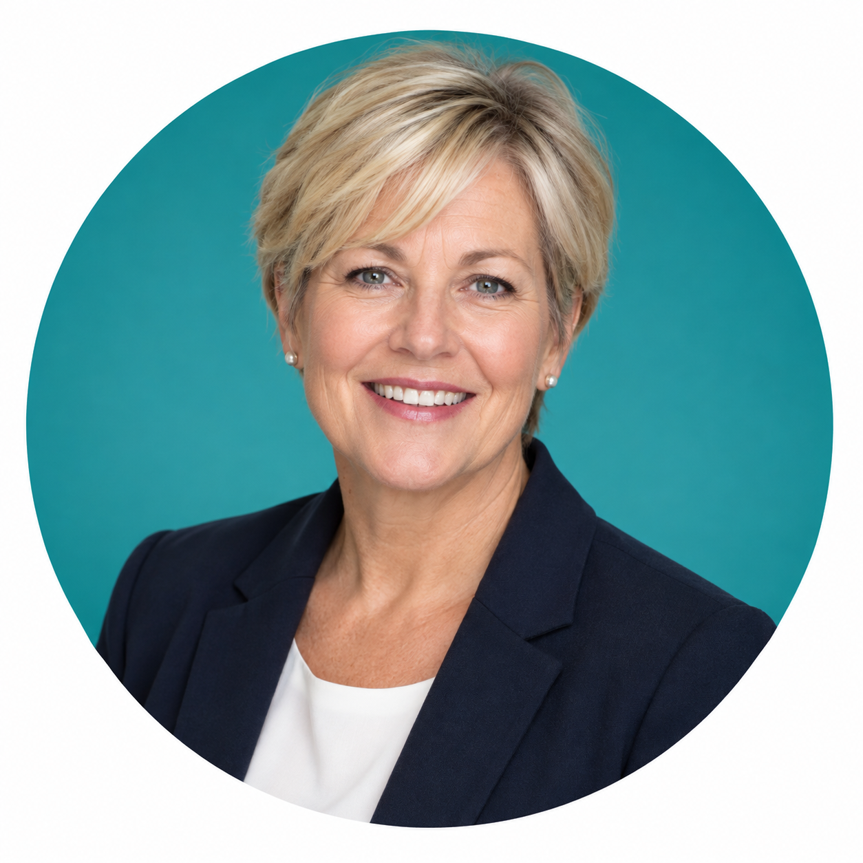 Illustrative sales expert portrait with teal circle