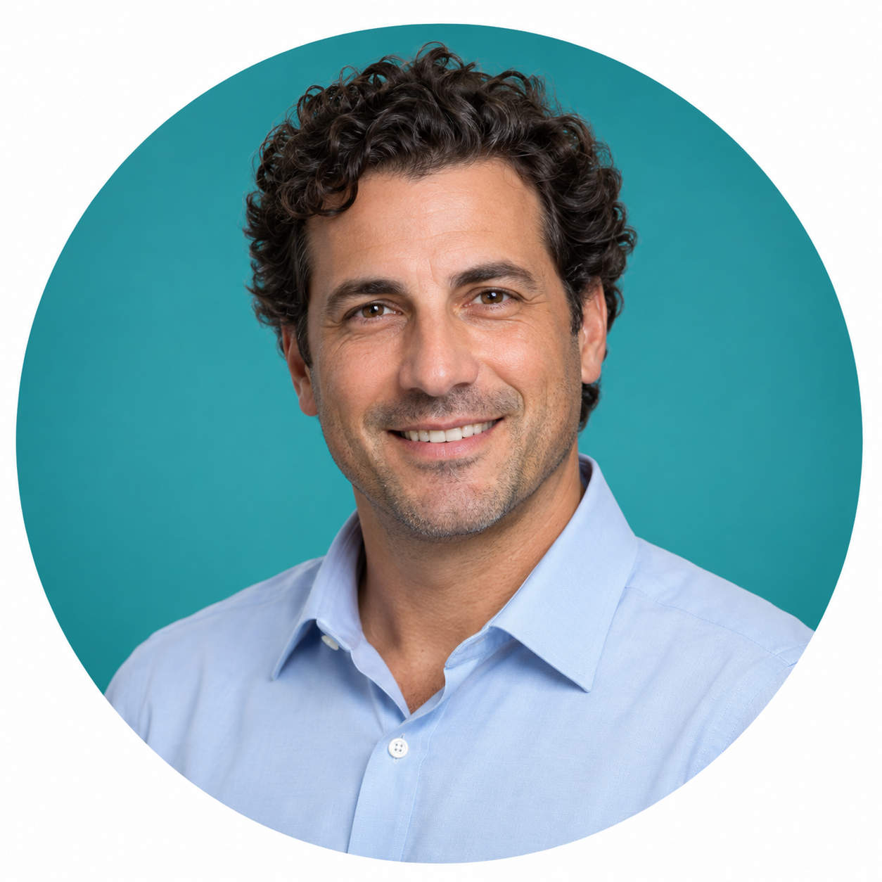 Illustrative sales expert portrait with teal circle