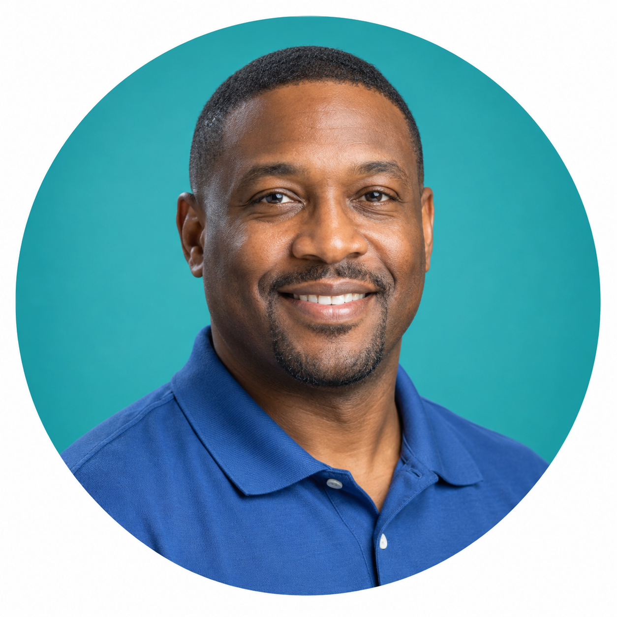 Illustrative sales expert portrait with teal circle