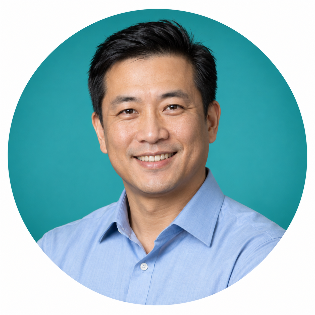 Illustrative sales expert portrait with teal circle