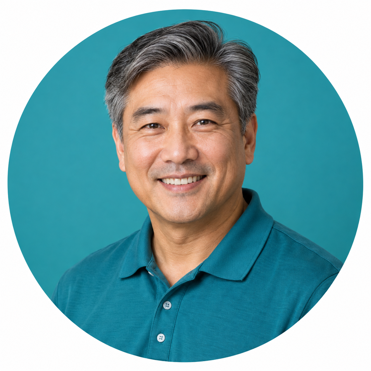Illustrative sales expert portrait with teal circle