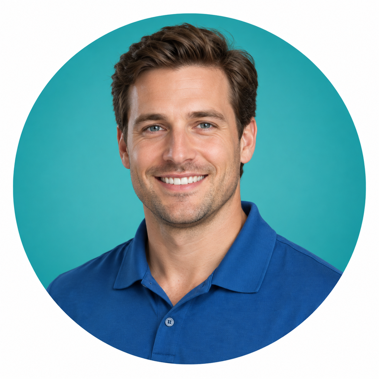 Illustrative sales expert portrait with teal circle